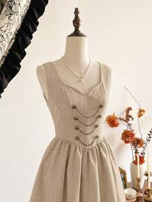 xheVintamour Vestido vintage elegante para mujer con bolsillos, cruzado, con cadena y botones metálicos, vestido informal para vacaciones de otoño.xhe - Albaricoque - Ver 6