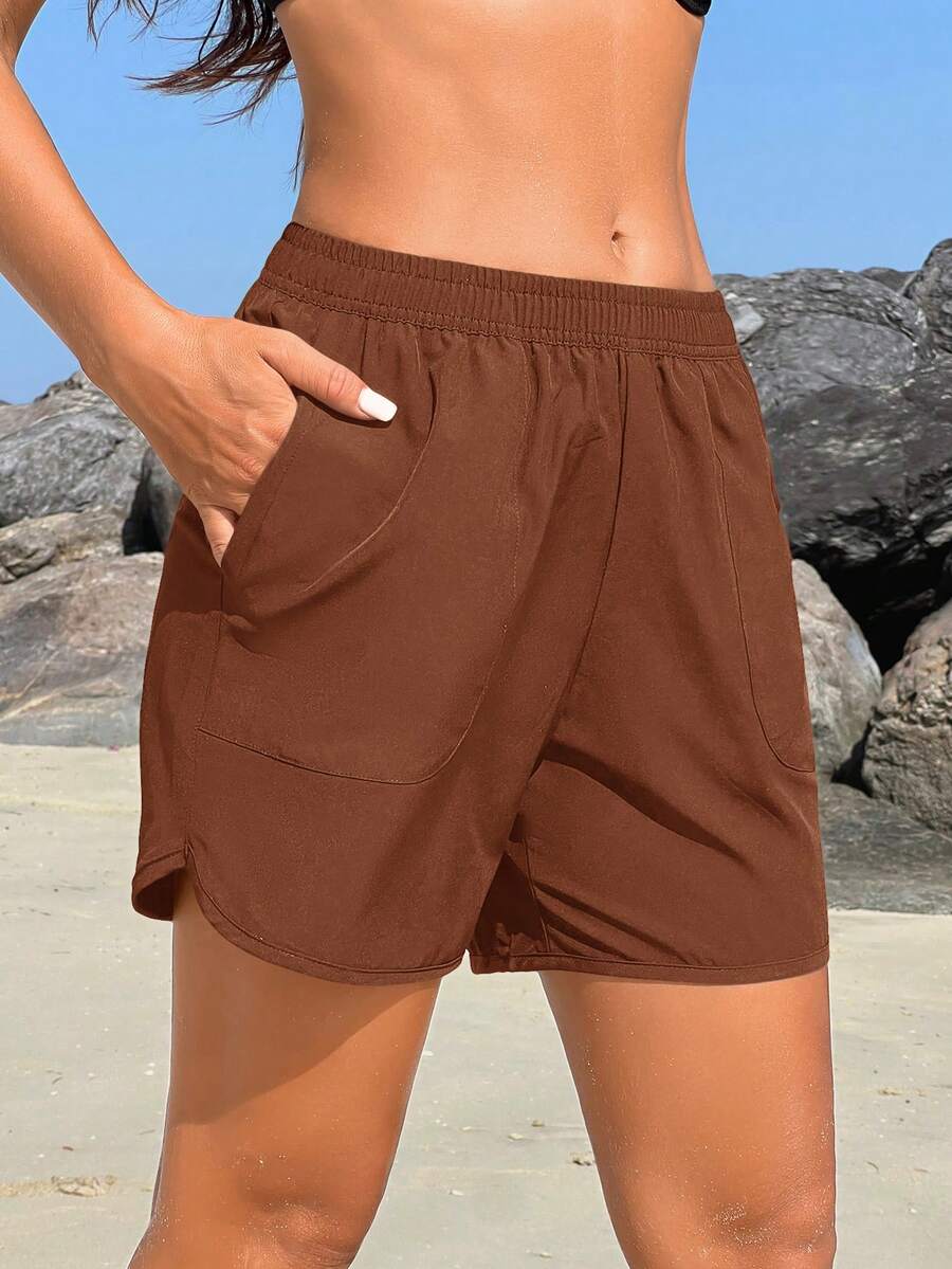 Swim Vcay Women's Solid Color Elastic Waist Pocket Beach Shorts