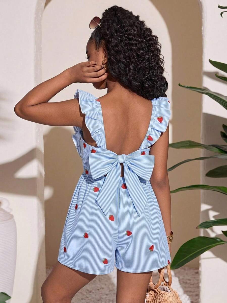 SHEIN Tween Girls' Casual Everyday Comfortable Fitted Striped Ruffle Hem Romper - Blue - View 1