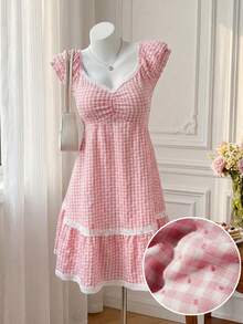 Sweetra Nouvelle robe d'été mode douce à carreaux roses, col en V, patchwork en dentelle, manches courtes - Rose bonbon - Voir 1