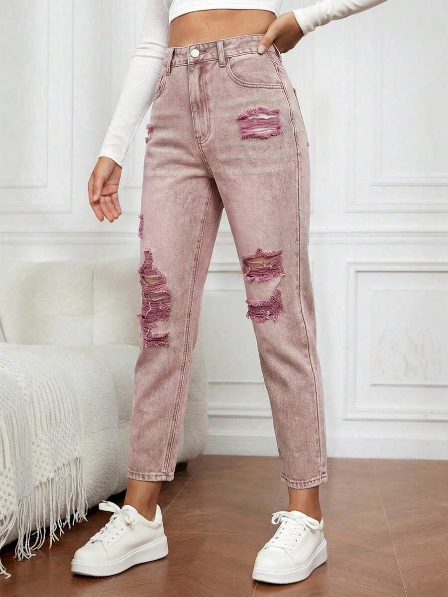 SHEIN FlexDen Quần jean denim nữ dáng rộng, rách rưới, túi xéo. - Cà phê nâu - Xem 1