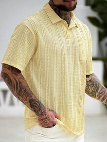 Manfinity Homme Men's Pale Yellow Short Sleeve Polo Shirt,Textured Stripe Design Collared Neckline,Casual Summer Vacation Cuban Style Retro Streetwear,Old Money Y2k - Yellow - View 5