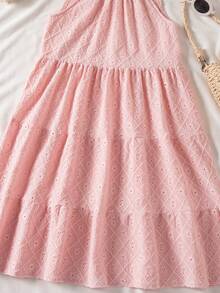 SHEIN Vintaside Kids Young Girl Solid Color Halter Neck Casual Vacation Dress - Pink - View 4