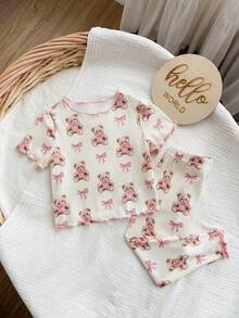 Baby Girl Cartoon Pattern Ruffle Trim Round Neck Short Sleeve Top And Pants Soft Comfy Pajama Set, 2pcs - Baby Pink - View 3