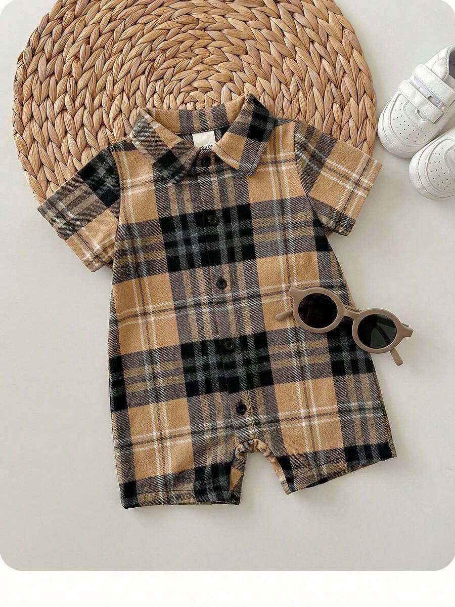 新生男宝宝夏季可爱格子短袖连体衣，适合生日派对、晚宴、演出、婚礼、满月庆祝、洗礼和宝宝周岁派对等场合。 - 彩色 - 查看 1