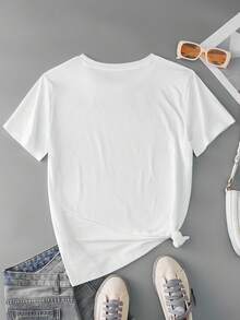 SHEIN Plus Size Women Cat Print Round Neck Short Sleeve Casual T-Shirt - White - View 2