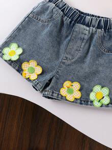 SHEIN Playful Pals Bộ 2 món cho bé gái, kiểu dáng thường ngày, dễ thương, gồm áo hai dây thắt nơ và quần short thêu hoa, thích hợp cho mùa xuân/hè. - Màu vàng - Xem 6