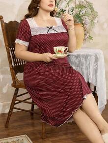 Côtesoire Elegantes französisches Stil Maxikleid mit Langarm, Spitzen-Patchwork, locker geschnittenes Polka Dot Kontrastfarbenes Nachthemd, Große Größen - Bordeaux - Übersicht 4