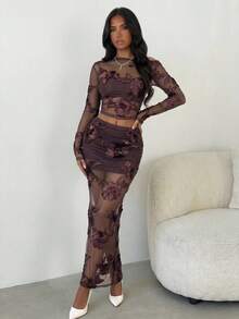 SHEIN Allurite 女士提花网纱不对称肩部长袖上衣和修身中长裙两件套 - 棕色 - 查看 5