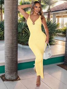 Zolique 女士纯色圆环褶皱露背紧身连衣裙长款女装 - 黃色 - 查看 3