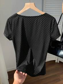 Comfortcana Áo thun nữ kiểu dáng thường ngày, chấm bi và phối ren, thắt nơ phía trước, thích hợp cho mùa hè. - màu đen - Xem 2