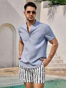 Mercer Haus Men Solid Casual Short Sleeve Shirt, Summer Vacation , Suitable For Summer Tropical Holiday Vacation In Hawaii. - Blue - View 5