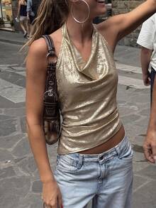 Firerie 女士新款优雅通勤衬衫，不对称领无袖露背吊带可调节纽扣装饰修身黑色办公衬衫，女士通勤衬衫，春夏服装，通勤，优雅，性感 - 金色 - 查看 3