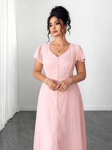 Elenzga Vestido de manga con volantes de cuello en V de longitud media, talla grande, nueva colección de primavera y otoño - Rosa - Ver 5