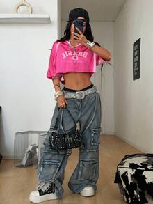 Coolane 女士夏季巴西锐舞节街头服饰 Y2K 外出运动装巴西图案拼接露脐T恤 - 粉色 - 查看 2