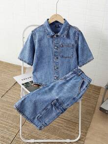 SHEIN Little Byeori 2Pcs Tween Boy Fashion Casual Y2k Vintage Cool Street A 2-Piece Set Featuring A Comfortable And Soft Black Washed-Out Denim Short-Sleeved Shirt And Multiple Pockets Loose And Comfortable Denim Shorts For Kids Clothes Tween Boy Dailywear And Kids Spring And Summer Rave Outfits Festival And Outfits Streetwear Clothes - Medium Wash - View 1