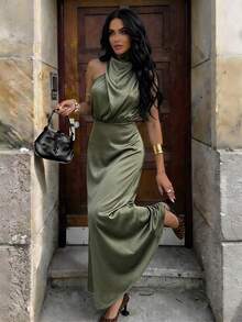 Aloruh Nuevo vestido de satén asimétrico de primavera/verano con cuello mao, cintura ceñida y elegante, vestido de invitada de boda, vestido de trabajo elegante, vestido de fiesta de noche, vestido verde para el Día de San Patricio, vestido verde militar, vestidos de lujo verde oscuro para mujer, vestido largo de cuello alto verde menta, vestido formal elegante, vestidos casuales largos clásicos para mujer, vestidos de verano para mujer - Verde - Ver 9