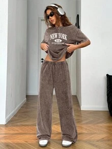 SHEIN EZwear Bộ 2 món áo thun và quần nữ màu nâu bạc màu, kiểu dáng thường ngày. - màu nâu - Xem 7