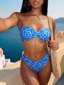 Vaytide Conjunto sexy de bikini bandeau con estampado de rayas para mujer de verano en la playa, patrón de estampado aleatorio - Azul - Ver 2