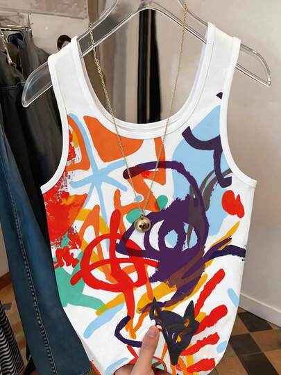 Resyla Women's Regular Tank Top, Artistic Oil Painting Print Design, Breathable Summer Outfit, Casual Versatile Daily/Outdoor/Travel Wear