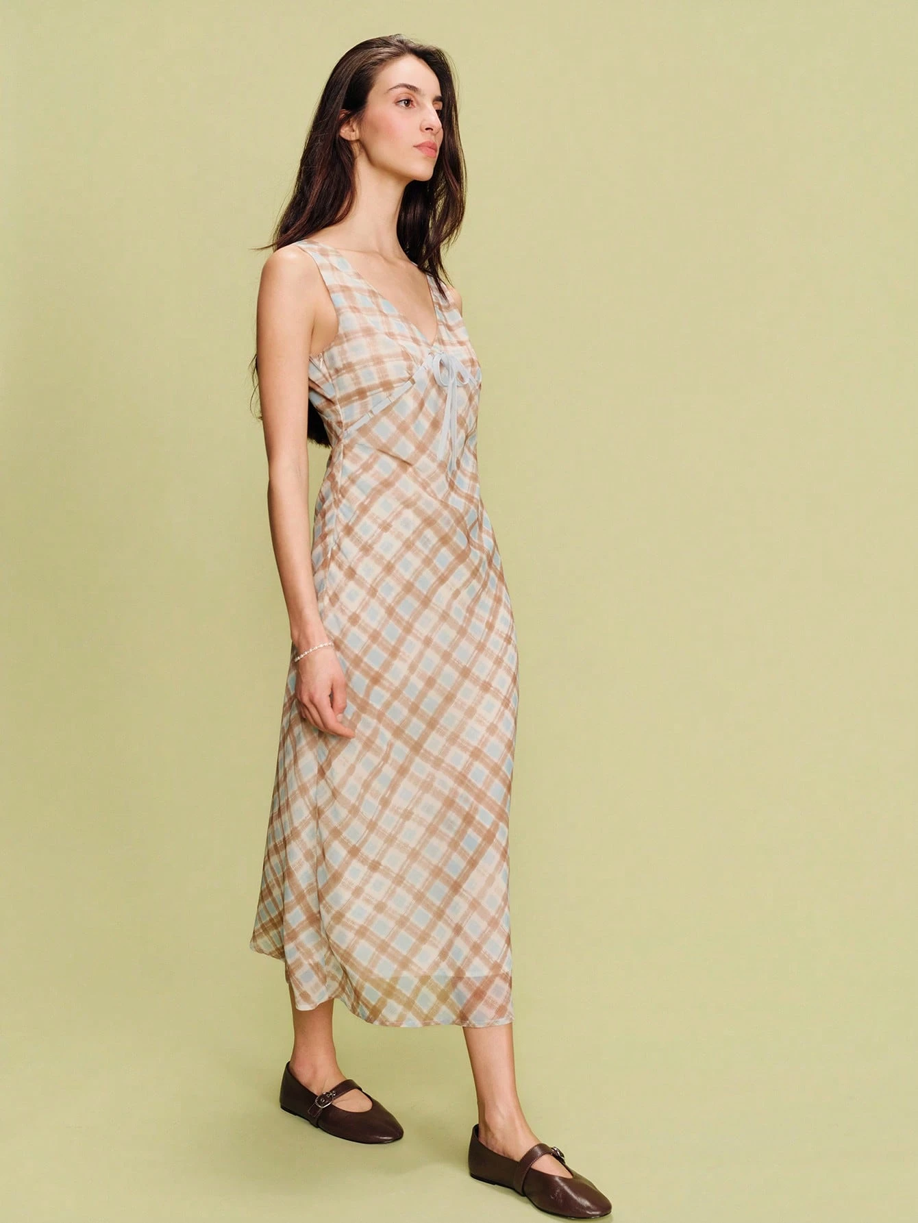 Blue And Brown Bias-Cut Plaid Midi Dress With Front Tie Detail Spring Summer French Style Parisian Style Check Dress Evening Dress Date Night Dress Vacation Dress