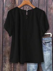 Linhara Blusa holgada de manga dolman con bordado floral casual de color albaricoque para mujer de talla grande - Negro - Ver 2