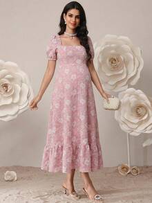 SHEIN Pregnant Women's Jacquard Pleated Fashionable Party Dress, Suitable For Summer - Dusty Pink - View 6