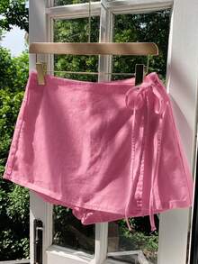 Comfortcana Quần short denim nữ màu trơn, kiểu dáng buộc dây, thích hợp mặc mùa hè. - Hồng - Xem 4