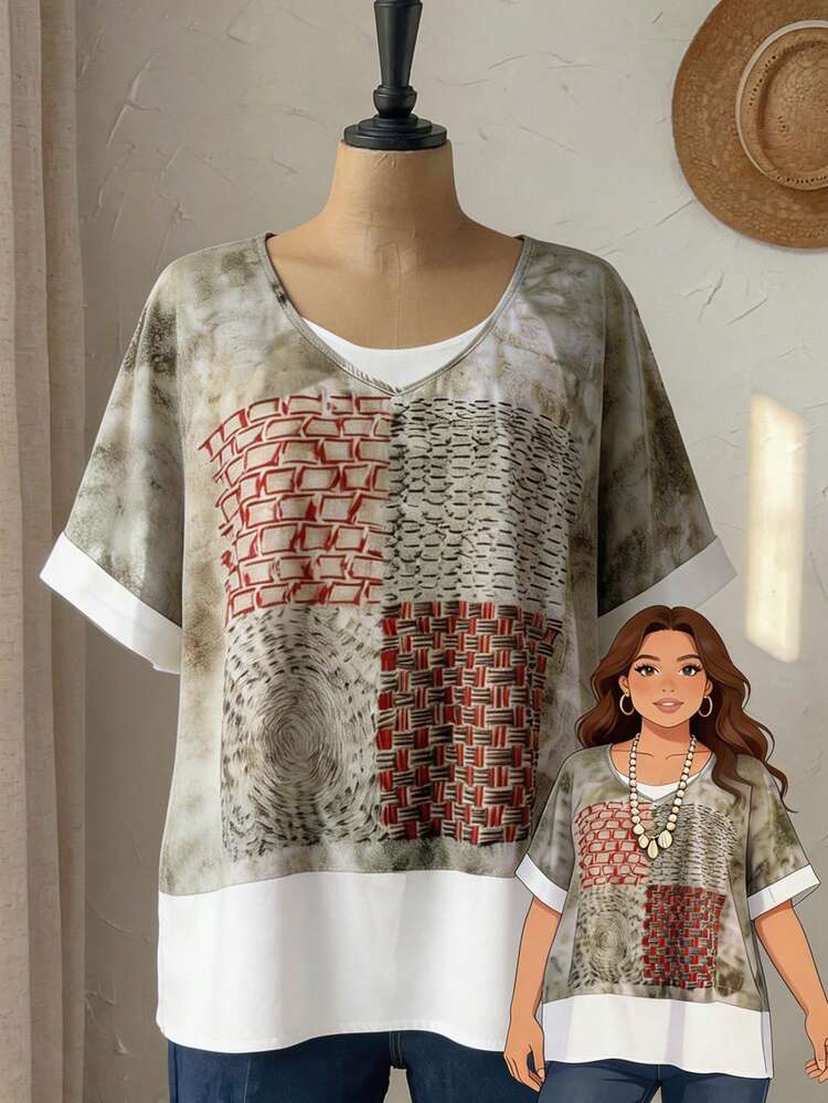 Plus Size Women Summer Casual Vacation Tie-Dye Print V-Neck 2 In 1 Top Summer Tops Summer Outfits Summer Clothes  Spring  Spring Outfit Women Spring Clothes Country Style For Women Vacation Outfits Women  Seaside Retro Mannequin Window Display Graphic Tops