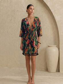 EMERY ROSE 女款全印花和服風遮陽衣,附腰間包覆式束帶,隨機印花 - 米色 - 查看 3