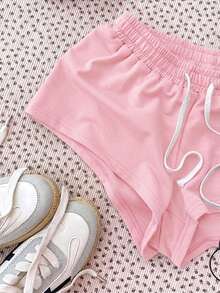 SHEIN Tween Girls' Letter & Number Print Drawstring Waist Casual Versatile Daily Wear Shorts - Pink - View 5