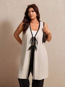 Elaquor Plus Size V-Neck Sleeveless Long Shirt,Women's Summer Tunic Vest With Contrast Color Collar And Front Tie,Black,Smart Casual,Everyday Fashion Blouse - Apricot - View 5