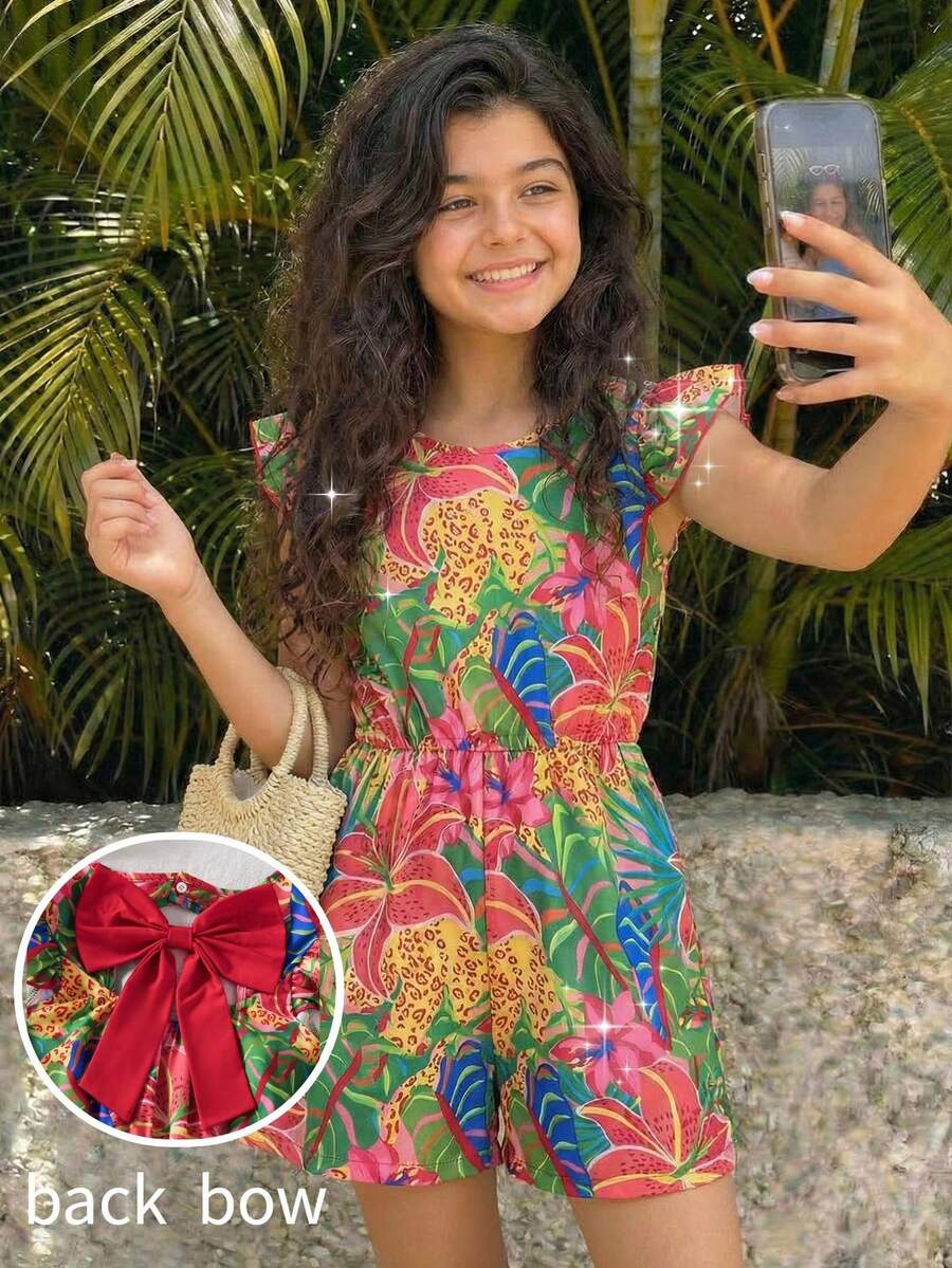 Sparklyn Mono de niña preadolescente con estampado de plantas tropicales, espalda descubierta, lazo decorativo y mangas de vuelo