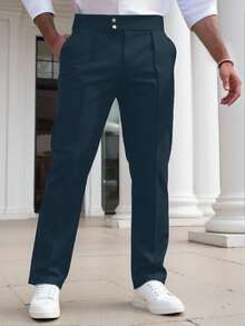 Manfinity Homme Men's Summer Casual/Business Solid Color High-Waist Suit Pants - Navy Blue - View 5