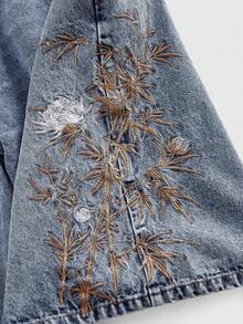 ROMWE MEN Street Life Men's Tiger & Floral Embroidery Pocket Casual Denim Shorts - Blue - View 4