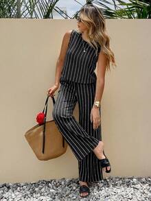 SHEIN Frenchy Bộ đồ nữ đi nghỉ mát, kẻ sọc, gồm áo tank top và quần dài. - Màu xám đen - Xem 3