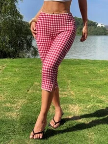 SHEIN Tall CURVE 大码格子印花修身休闲打底裤 - 粉色 - 查看 6