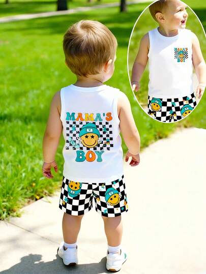 SHEIN Playful Pals 2pcs/Set Baby Boy Casual Graphic Print Top And Solid Color Shorts Set, Suitable For Outings In Summer