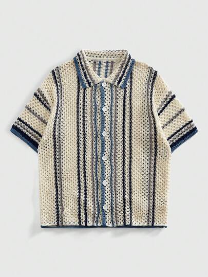 ROMWE MEN Retro Contrast Color Hollow Out Knit Short Sleeve Shirt, White Blue Gray Geometric Striped Lapel, Loose Casual Summer Top