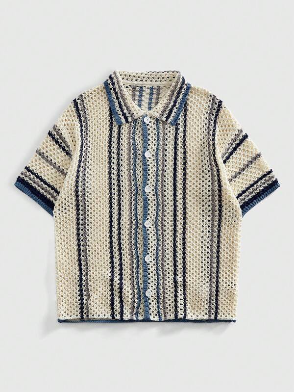 ROMWE MEN Retro Contrast Color Hollow Out Knit Short Sleeve Shirt, White Blue Gray Geometric Striped Lapel, Loose Casual Summer Top