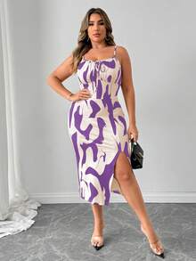 Elenzga Plus Size Summer Fashionable All-Over Print Slit Fitted Camisole Dress Zebra Dress For Women - Purple - View 3