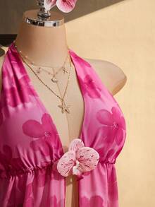 SHEIN ICON Ensemble top à col ras-du-cou et jupe plissée à imprimé floral pour femmes grandes tailles - Rose bonbon - Voir 5