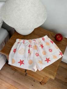 SHEIN EZwear 2026春夏新款贝壳格纹和海洋印花双层雪纺弹力腰宽松休闲短裤，适合海滩度假、休闲外出，Y2K 2000年代风格，春假必备单品 - 彩色 - 查看 5