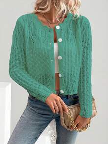 EMERY ROSE Women's Round Neck Hollow Front Button Cardigan, Autumn/Winter Knitted Sweater Jacket - Mint Green - View 3