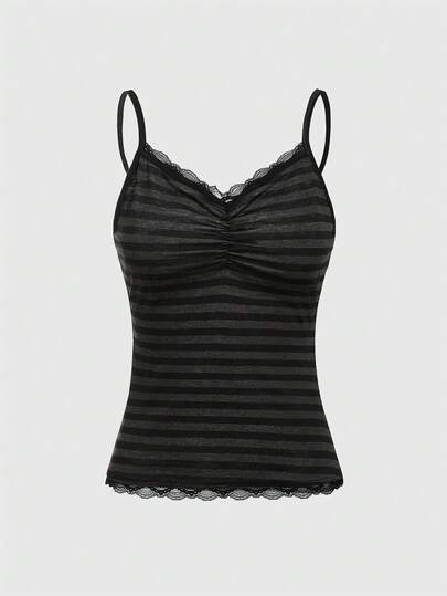 ROMWE 夏用カジュアル 多用途 ブラック&グレーストライプ レーストリム キャミソール