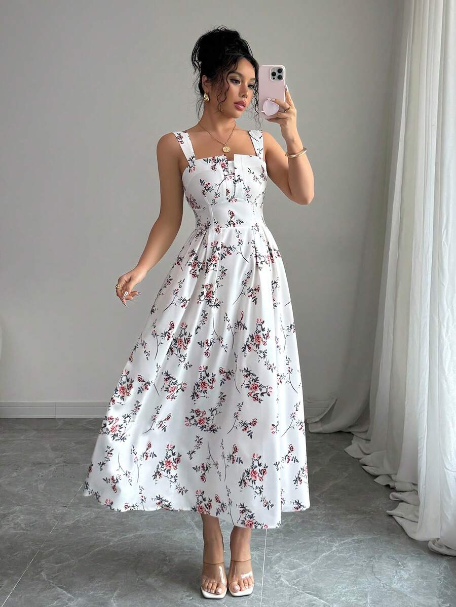 Elenzga Mẫu đầm dài xếp ly thanh lịch, họa tiết hoa mùa xuân/hè mới nhất dành cho nữ. - trắng - Xem 1