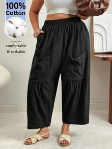 Vionelle Green Plus Size Casual Ruffle Hem Harem Capris Comfortable Breathable Woven Fabric Plain Pants - Green - View 3