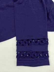 EMERY ROSE Women Solid Color Casual Crew Neck Hollow Out Sleeve Tee Graphic Tees Women Tops - Navy Blue - View 6