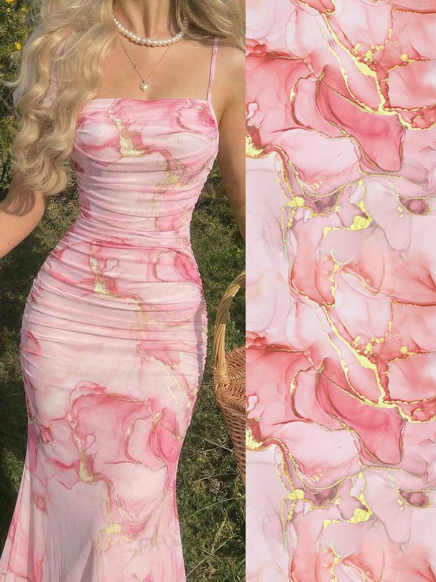 SHEIN Teen Girl Floral Print Mesh Ruched Cami Dress,Kids - Pink - View 1