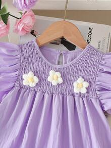 SHEIN Vintaside Kids 女童嬰兒藍夏季仙女派對7歲生日優雅甜美貼花圓領短袖荷葉邊下擺寬鬆時尚棉質洋裝，生日穿著 - 紫色 - 查看 7